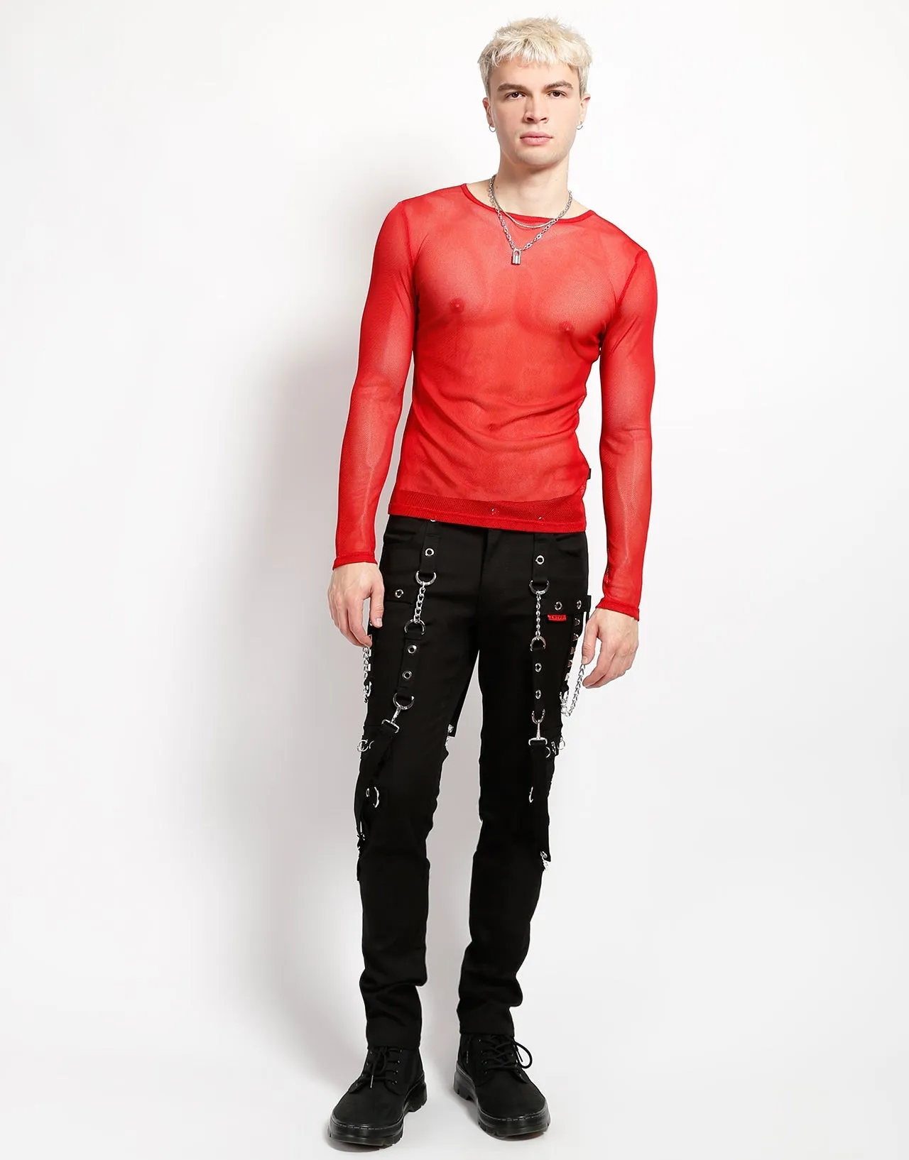 MENS LONG SLEEVE FISHNET RED Durable Reinforced Hem