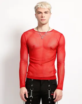 MENS LONG SLEEVE FISHNET RED HighCollar Design Active Wear