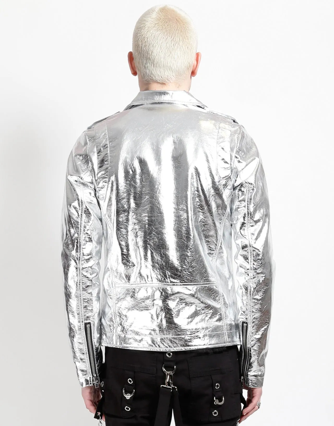 High Collar Design Breathable Lining METALLIC FAUX LEATHER MOTO