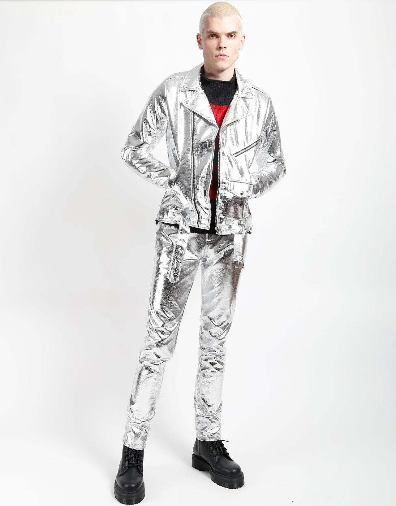 Waterproof Zipper Autumn Wear METALLIC FAUX LEATHER MOTO