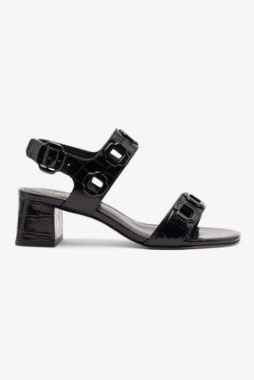Milan Block Sandal In Black Croc Printed Leather Durable Build Weekend Errands Versatile Everyday Wear
