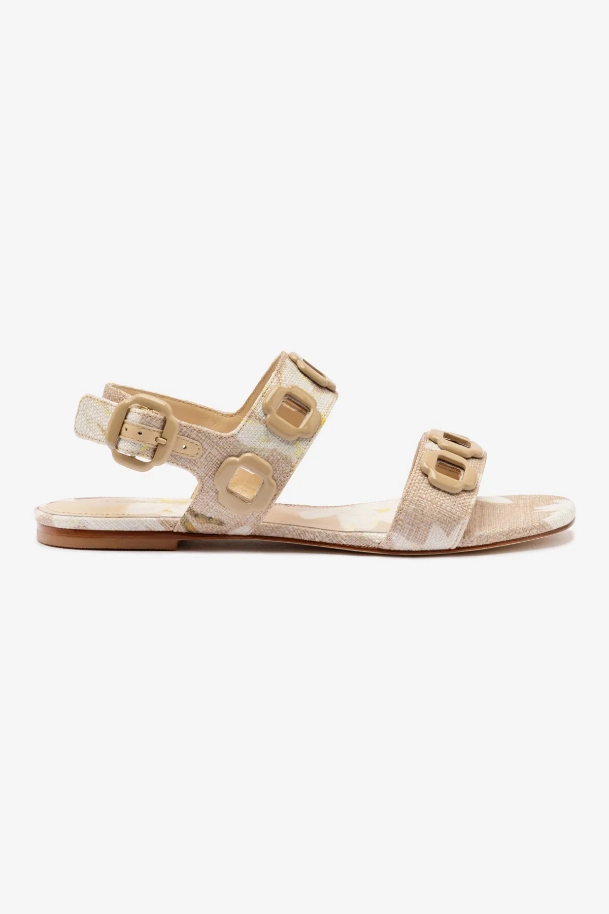 World Step Milan Flat Sandal In Beige Printed Raffia