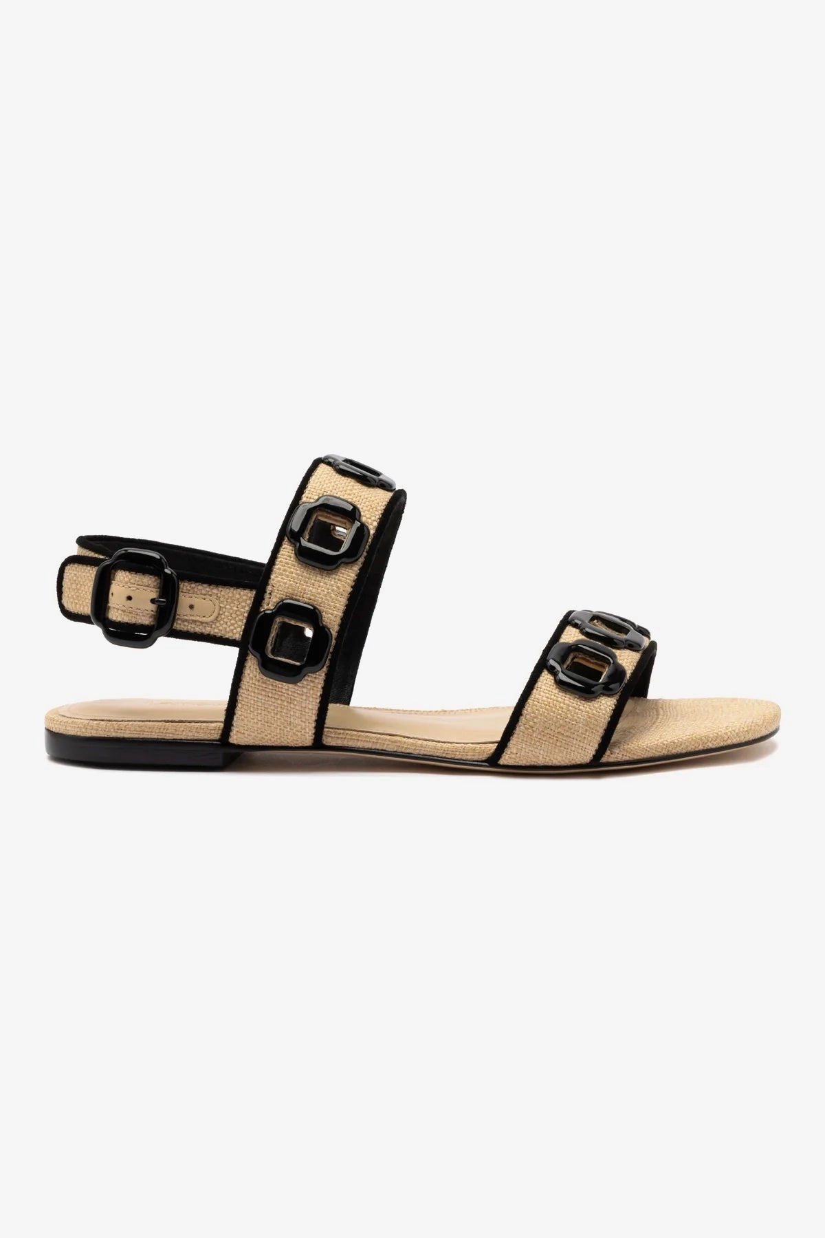 Firm Edge Milan Flat Sandal In Beige Raffia and Black Trimming