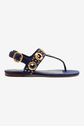 Deep Grip Sweat Resistant Standing Workers Milan Studs Thong Sandal In Navy Suede