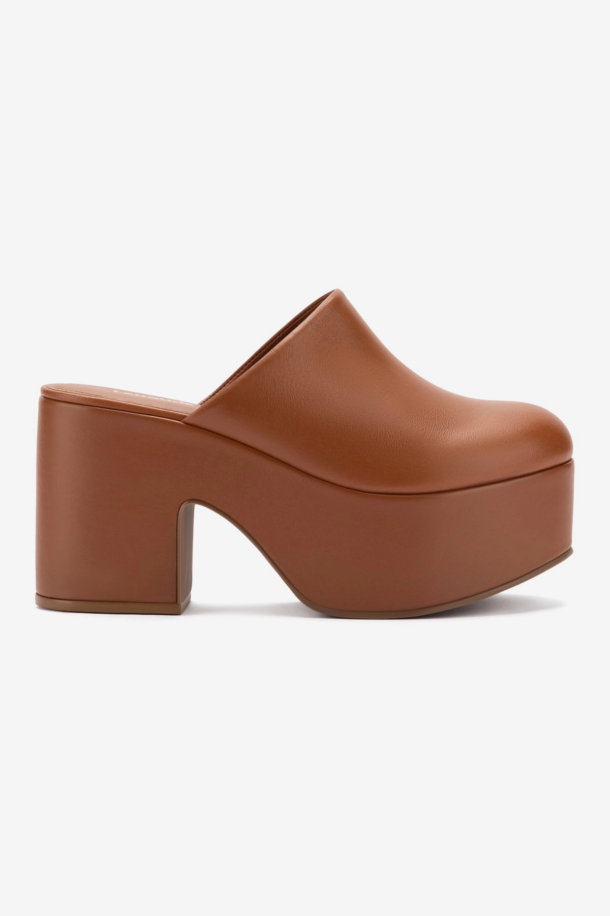Miso Platform Clog In Caramel Leather Metal Edge Lightweight Form Road Trip