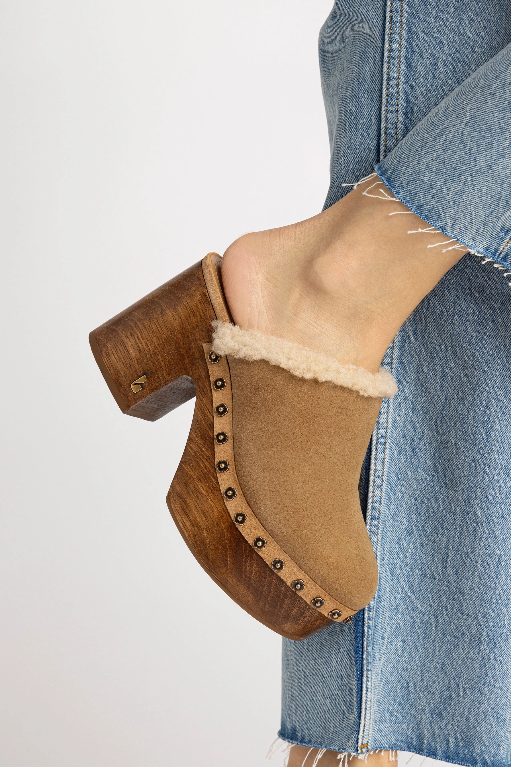 Miso Wooden Platform Clog In Peanut Suede And Natural Shearling Leather