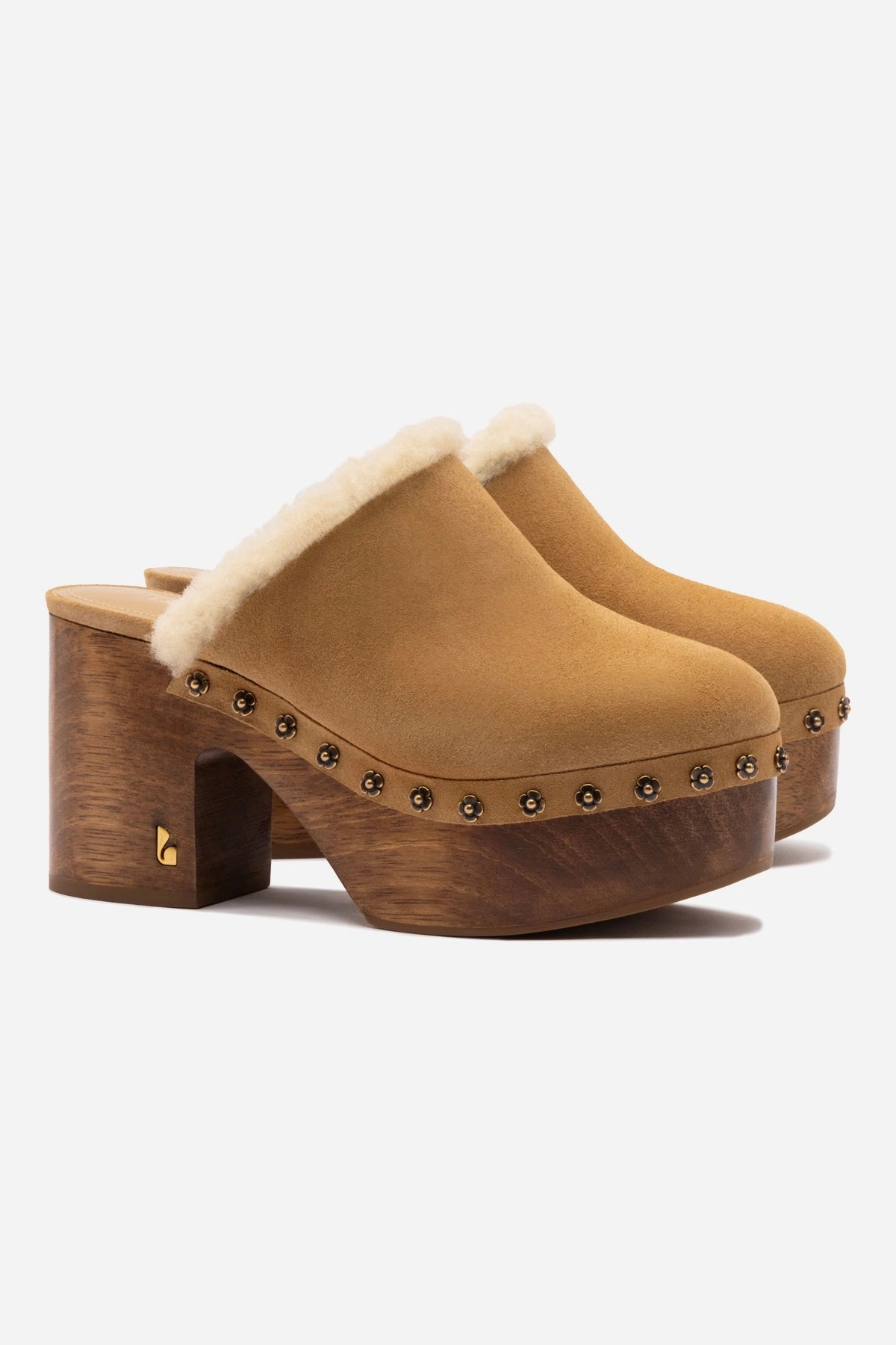 Miso Wooden Platform Clog In Peanut Suede And Natural Shearling Japan Neat