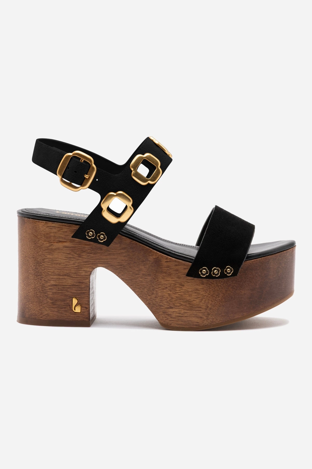 Miso Wooden Platform Sandal In Black Suede Dual Tone