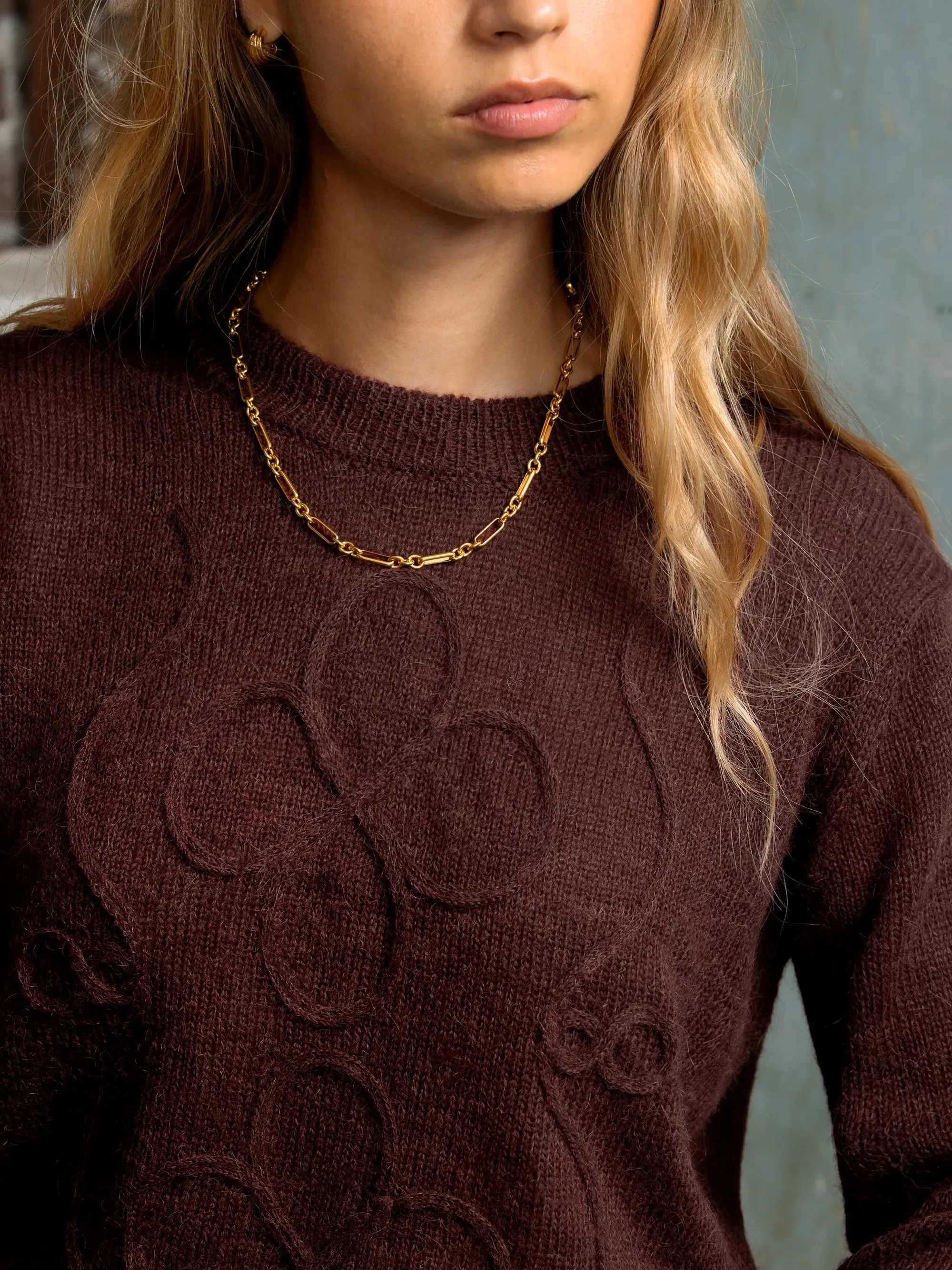 Non Closure Collar Fleece Pullover Chocolate Appliqu Knit Jumper with Alpaca