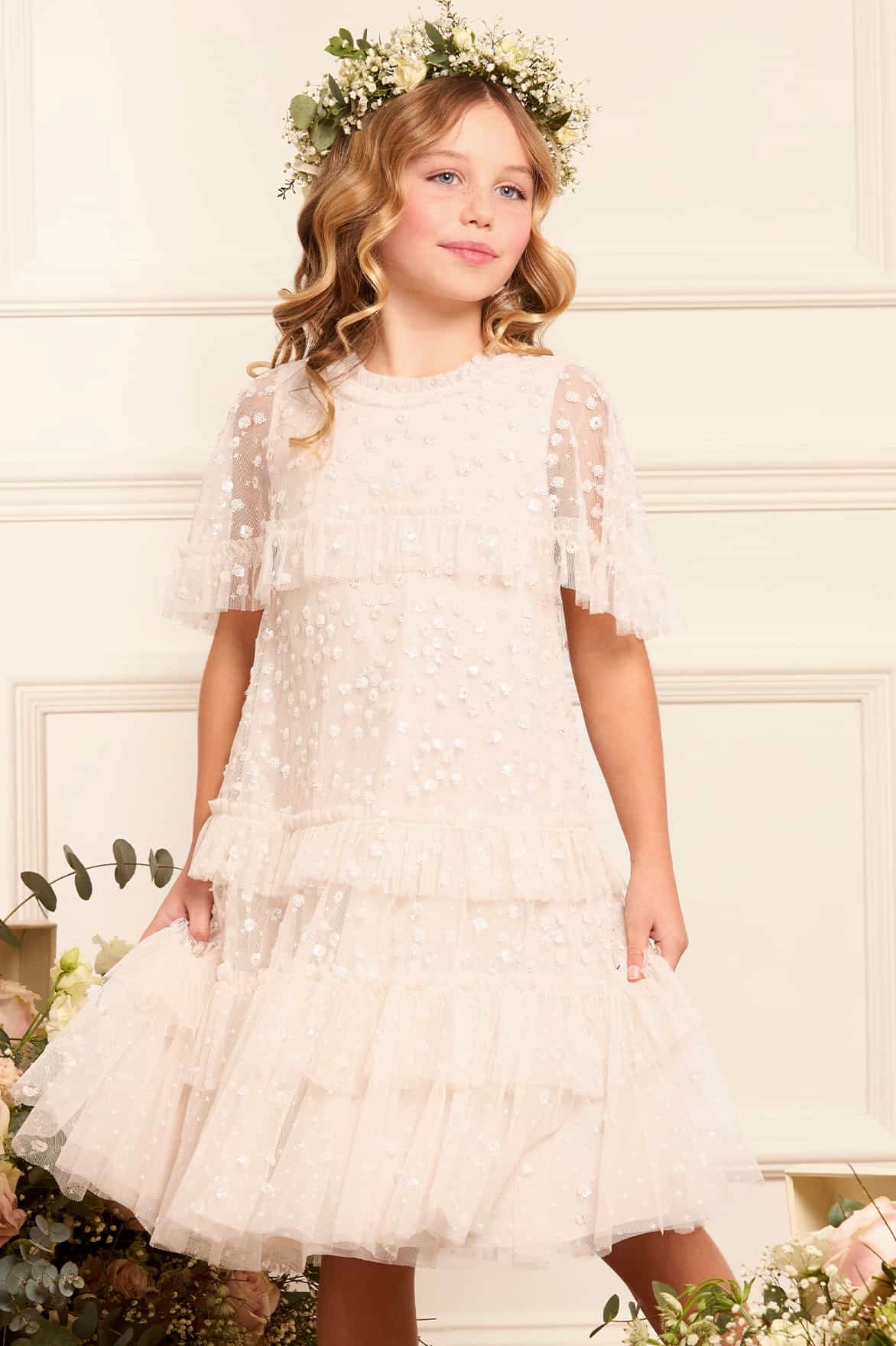 Leila Dot Tiered Cape Kids Dress Structured Shoulder