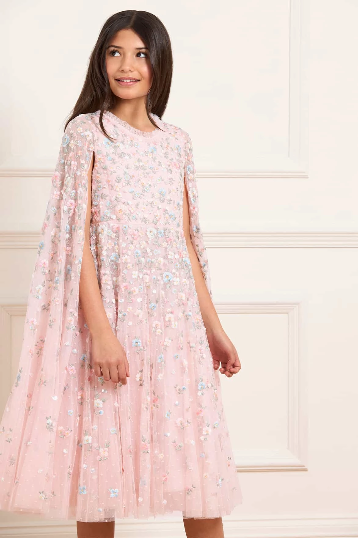 Layered Neckline Details Flexible Knit Dahlia Ditsy Cape Kids Dress