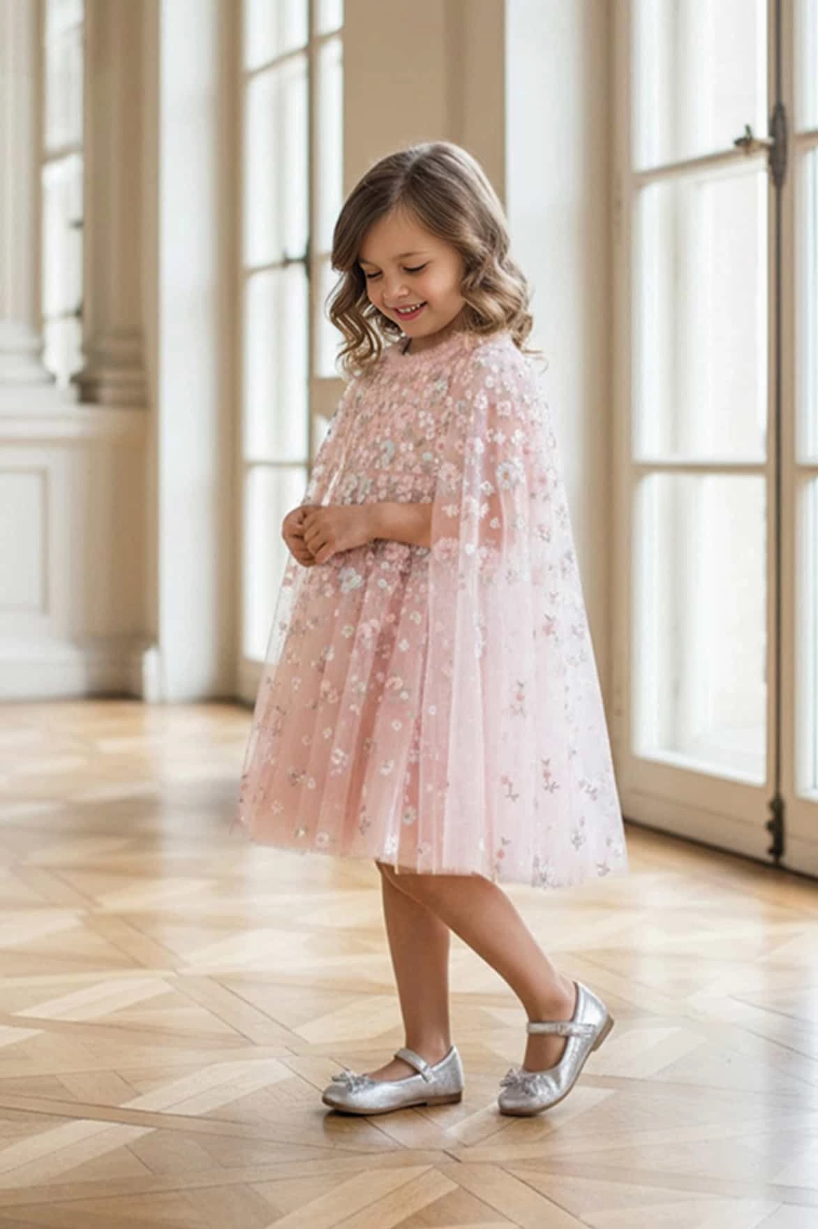 Grid Texture Fabric Pocket Reinforcement Dahlia Ditsy Cape Kids Dress