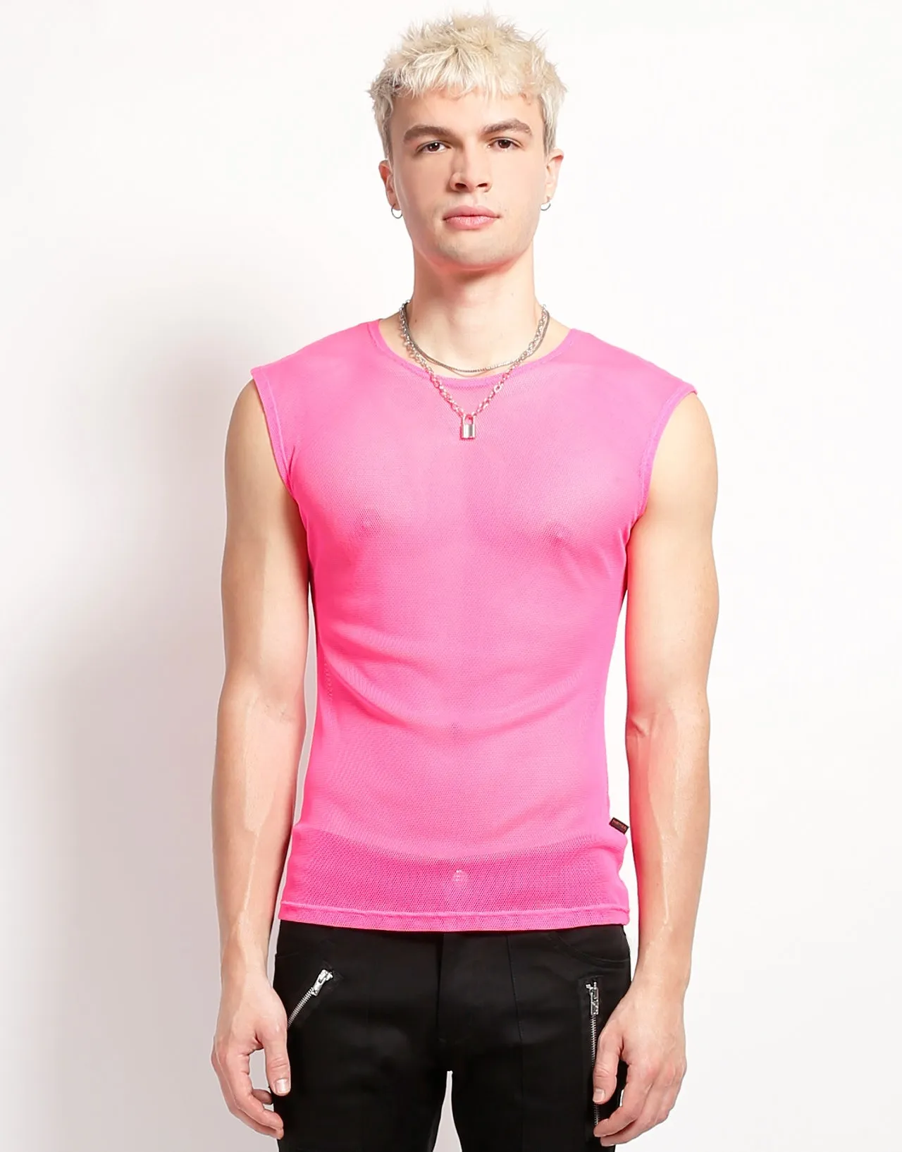 MUSCLE TANK FISHNET PINK Reflective Safety Trim Reinforced Neckline Detail
