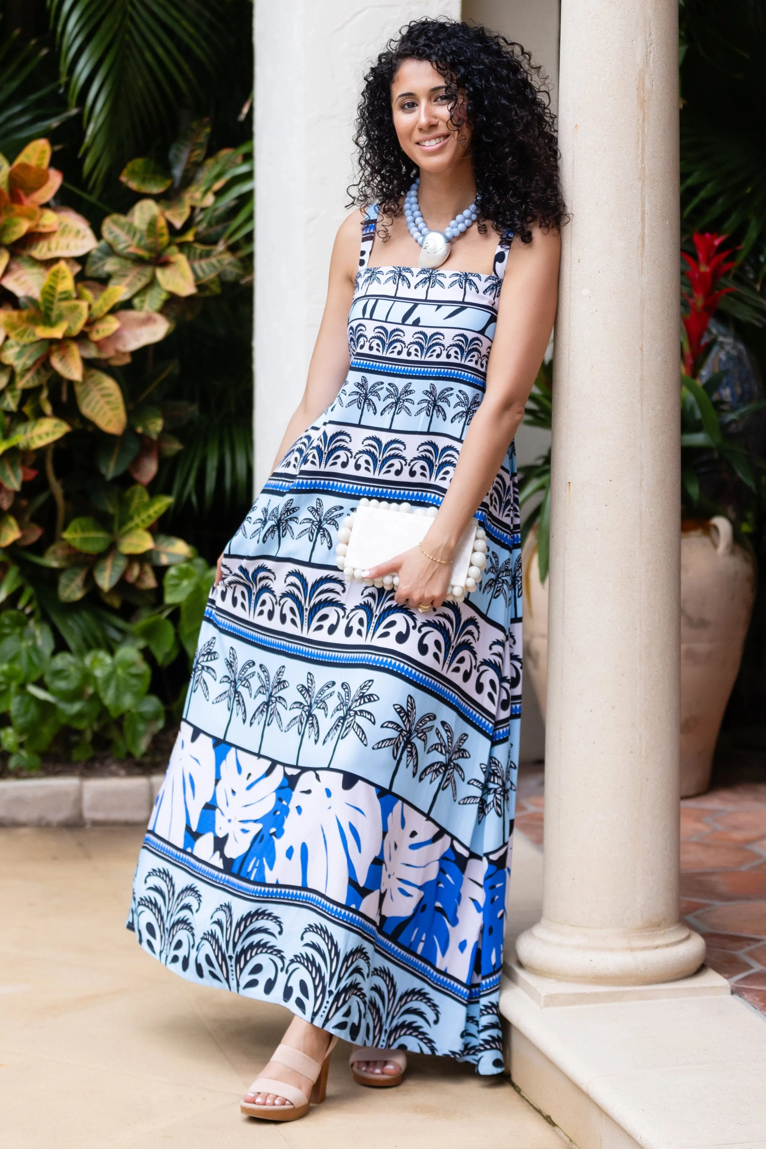 Giselle Dress / Sky Blue Palm Stripe Vintage Style Cozy And Stylish