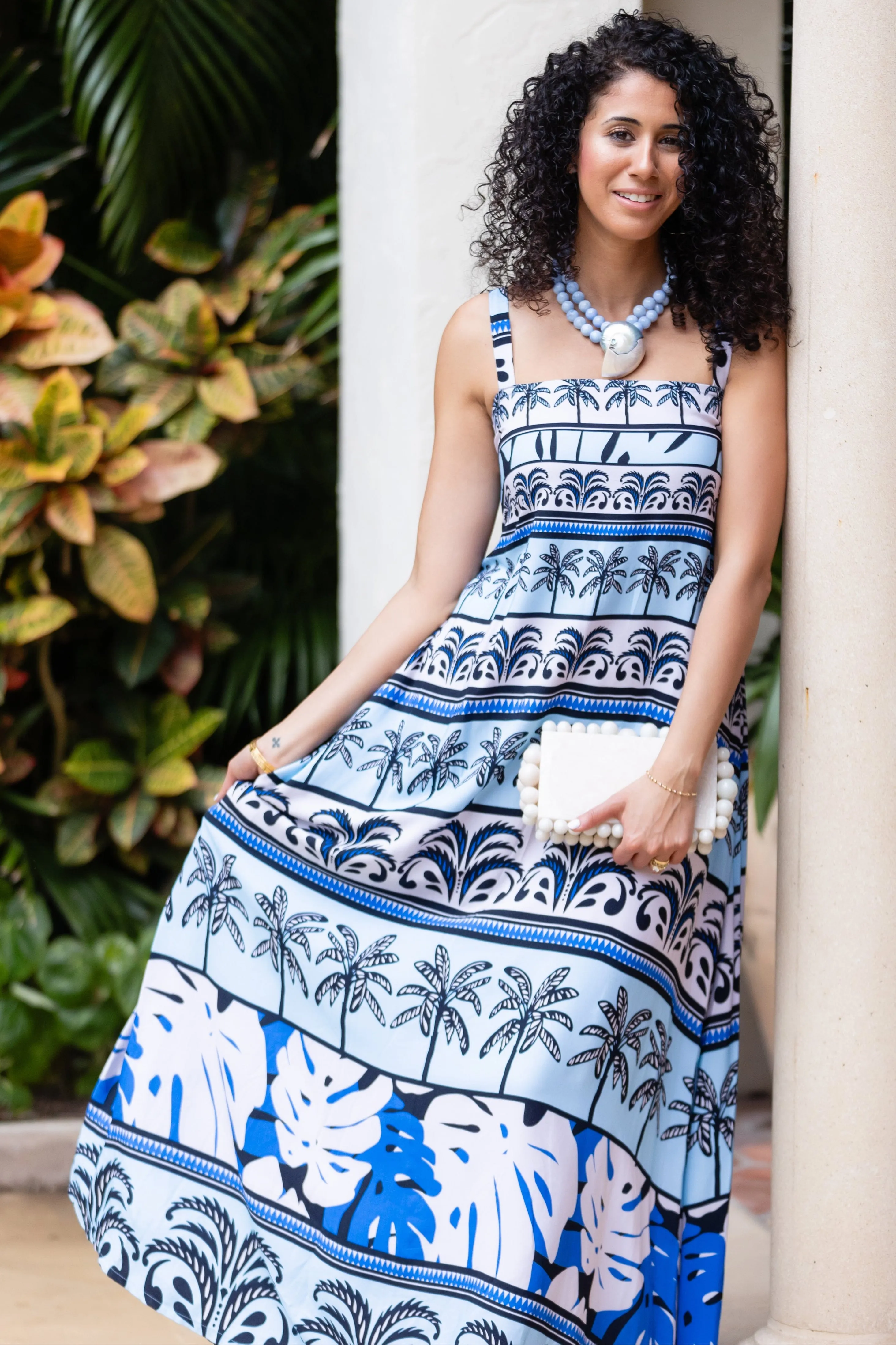 Hidden Zipper Giselle Dress / Sky Blue Palm Stripe