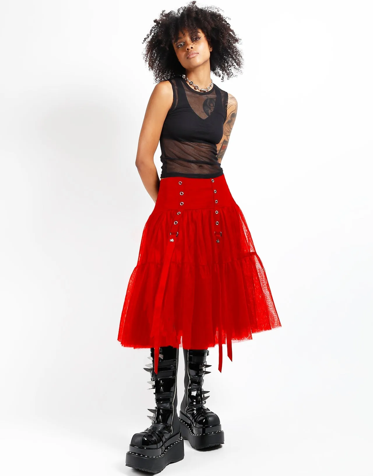Base Layer Stylish Cut TUTU RIBBON TULLE SKIRT RED