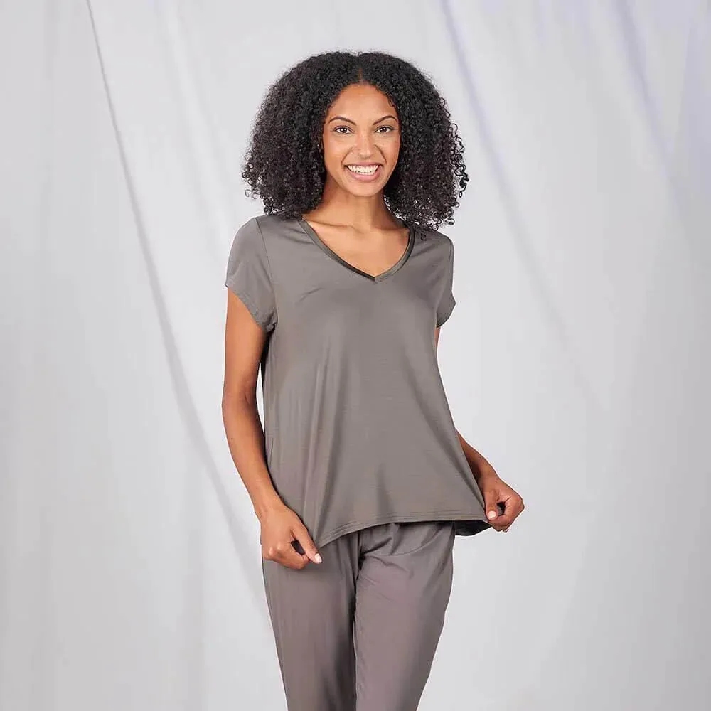 Faceplant Dreams Bamboo V-Neck Pajama Tee in Earl Grey UltraSoft Lining