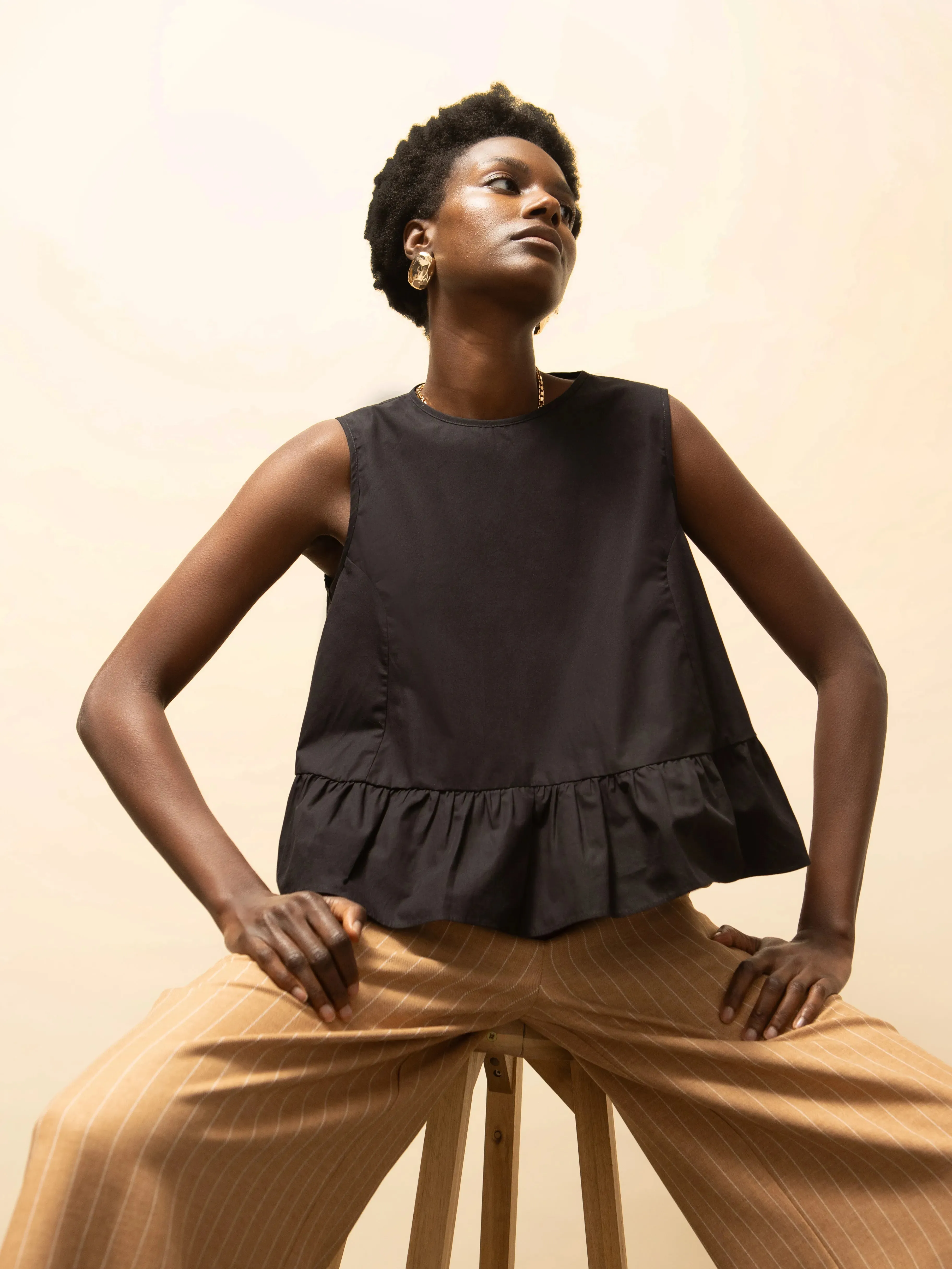 Long Sleeve Tee Basic Long Sleeve Black Frill Hem Cotton Top