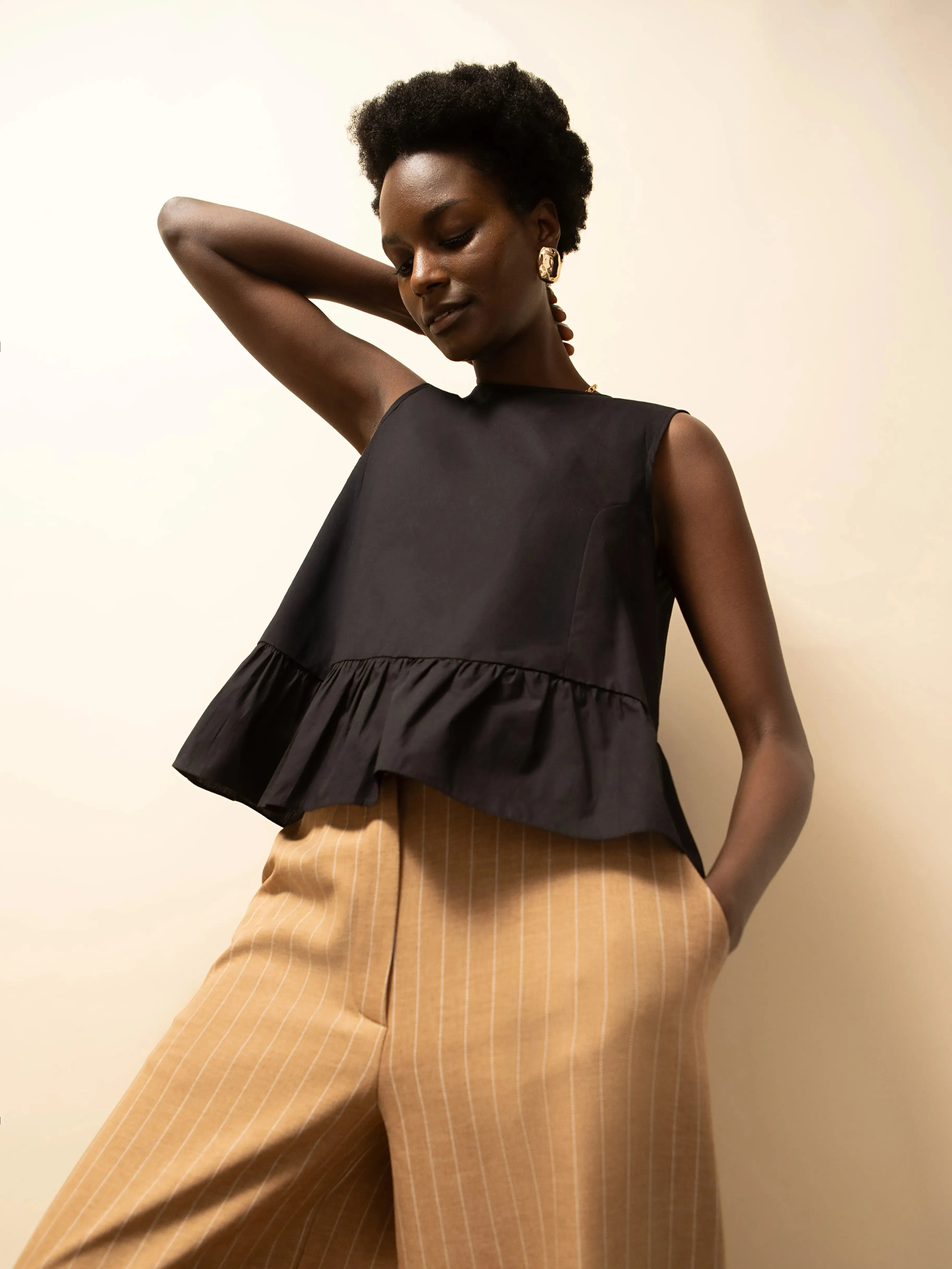 Flatlock Seams Sheer Overlay Material Black Frill Hem Cotton Top