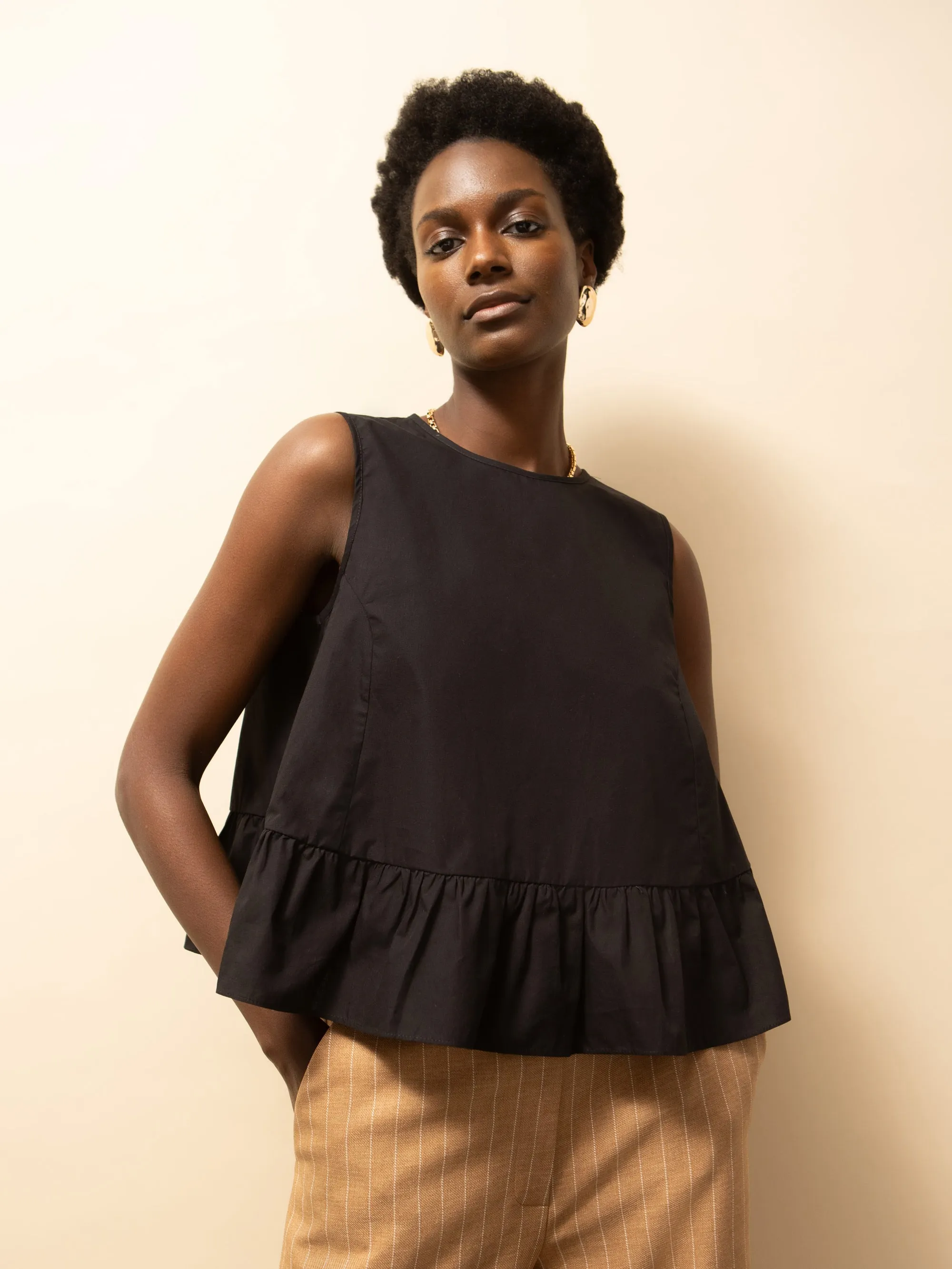 Lightweight Layering Option Black Frill Hem Cotton Top