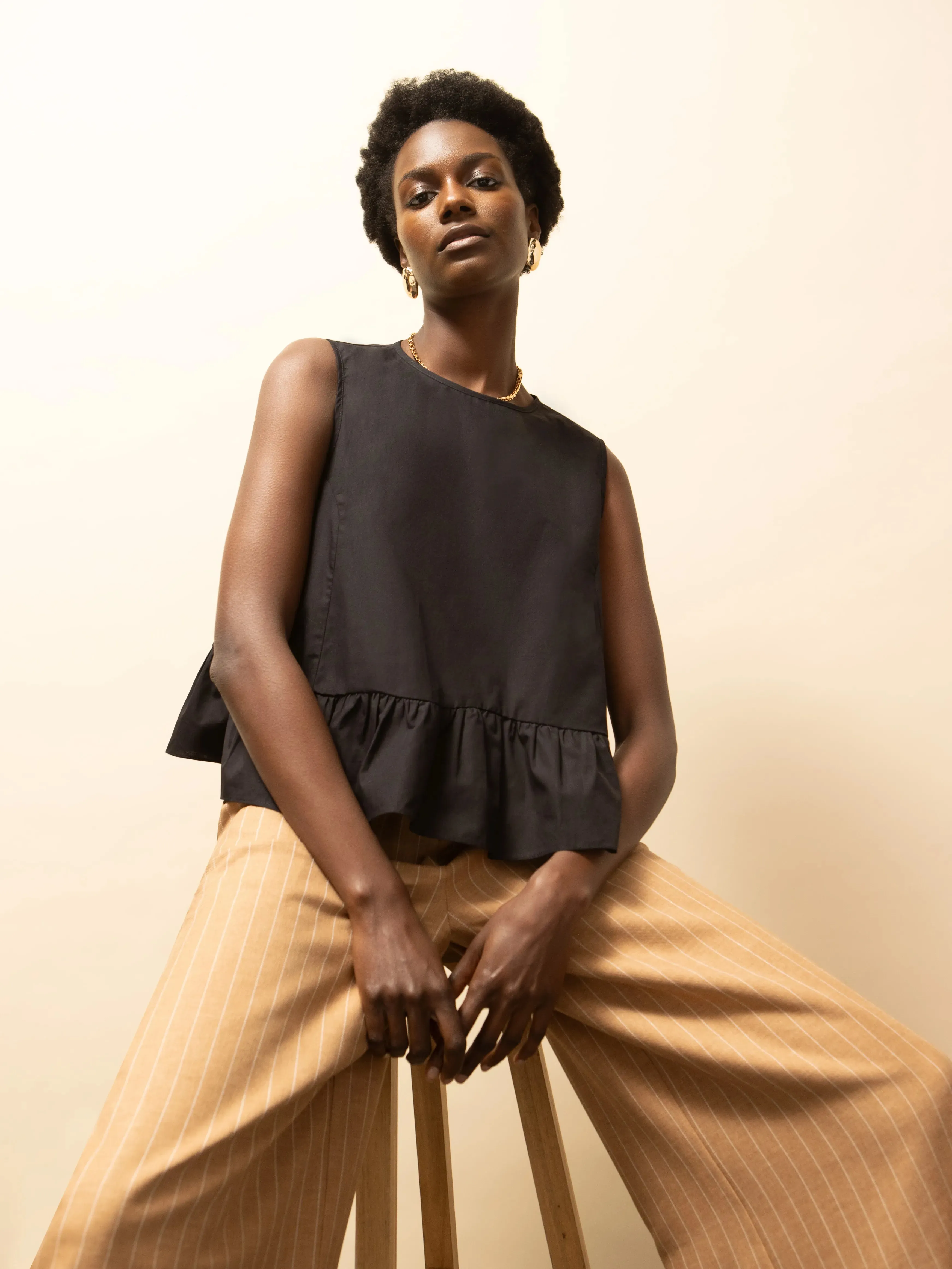 Durable Reinforced Elbow Patches Chic Tee Black Frill Hem Cotton Top