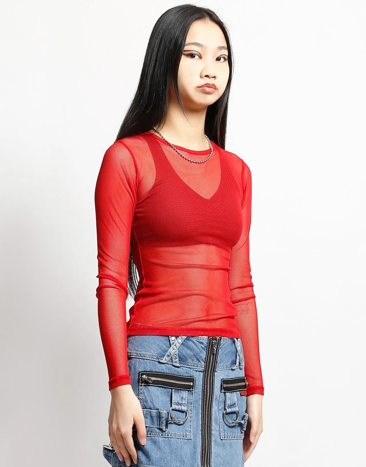 MultiPocket Configuration LADIES LONG SLEEVE FISHNET RED