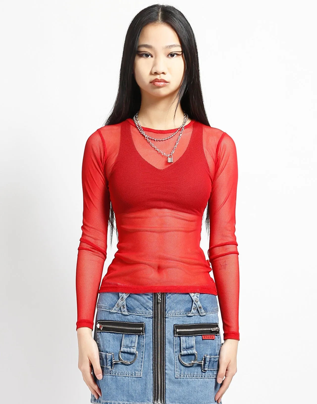 LADIES LONG SLEEVE FISHNET RED CrossGrain Fabric