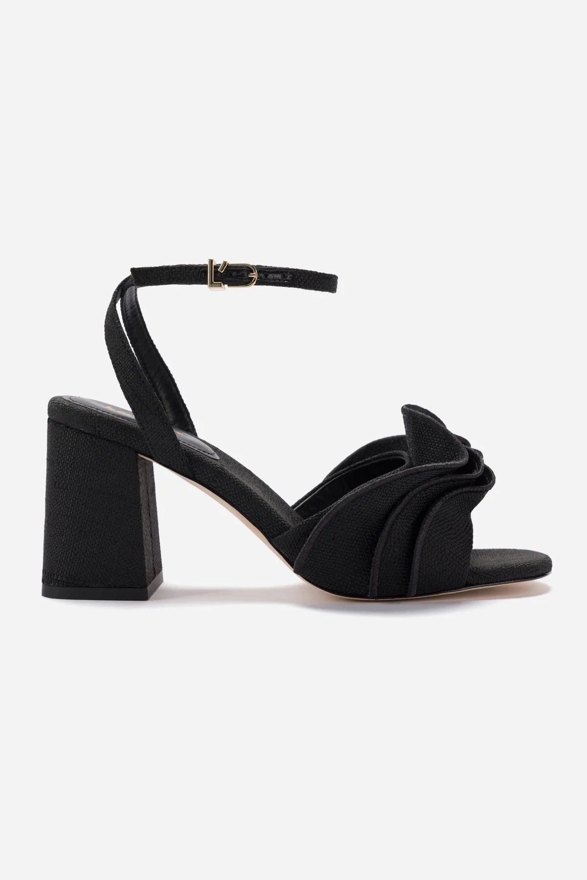 Reinforced toe cap Abrasion resistant Selena Ruffle Sandal In Black Raffia