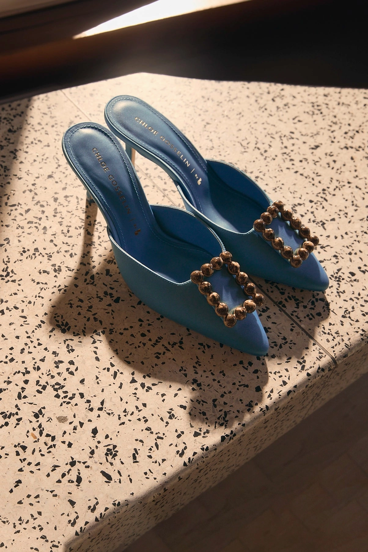 Feather Light Cold Weather material Chloe Gosselin by Larroud Ava Mule In Blue Satin