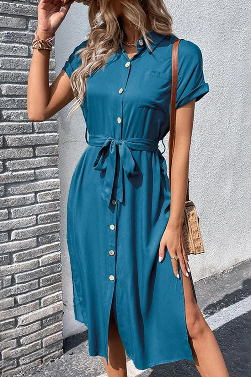 Soft Fit Wear All-Day Fit ROLL UP SLEEVE BUTTON UP BELTED SLIT DRESS