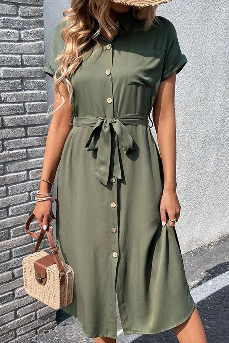 ROLL UP SLEEVE BUTTON UP BELTED SLIT DRESS Elegant Finish Casual event dress