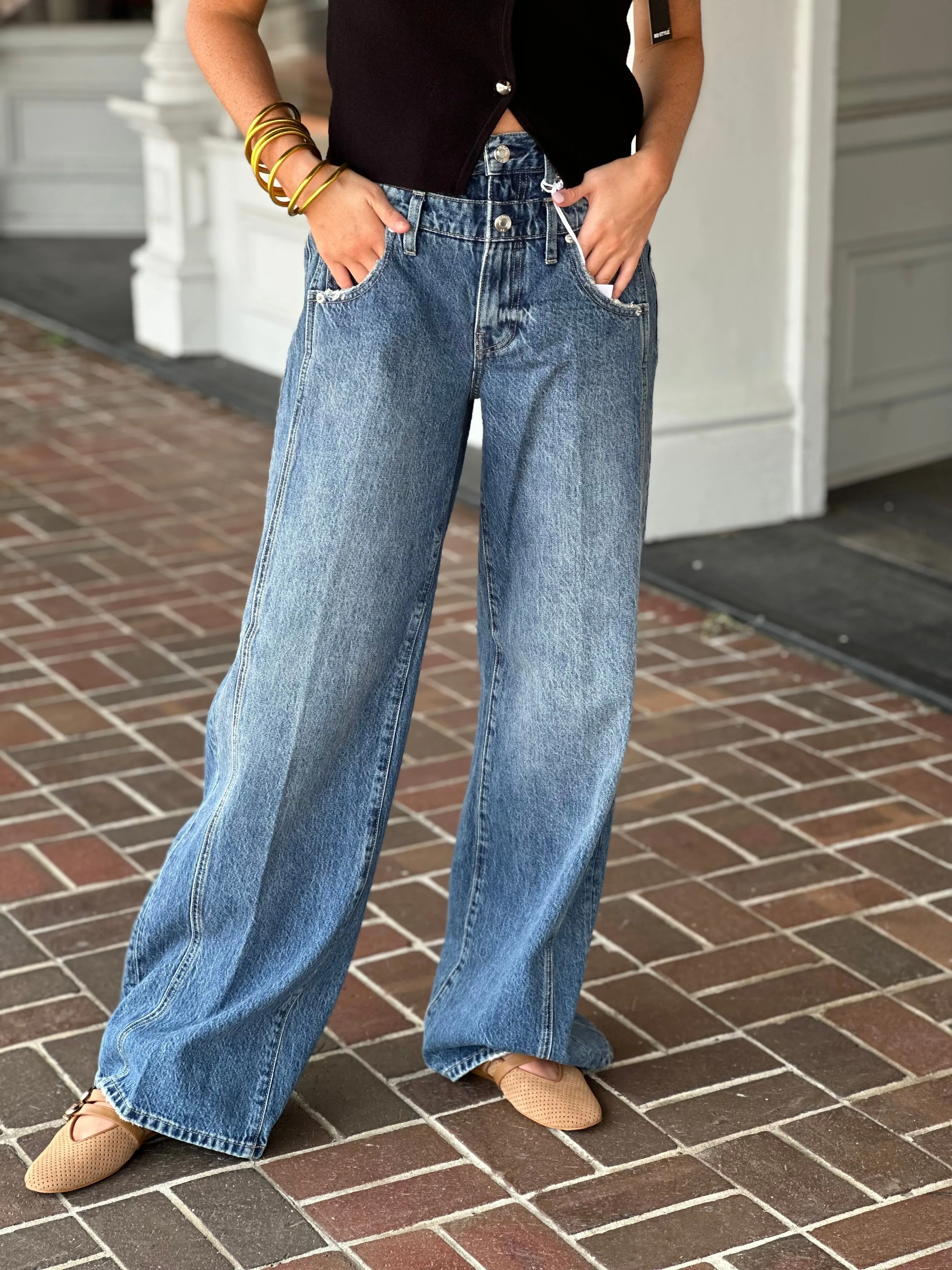 Office Wear Trendy Home Comfort Weekend Vibes Pistola Caleb High Rise Stacked Waist Jean in Echo