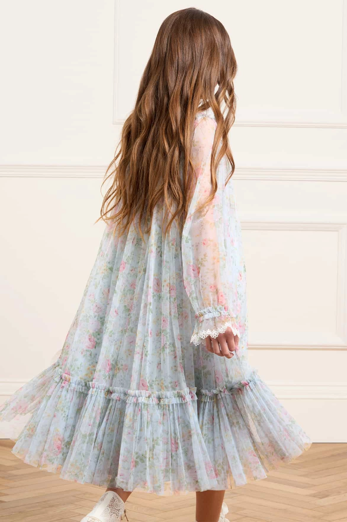 Pompadour Garden Long Sleeve Kids Dress Reinforced Seam Technique Flowy Tunic