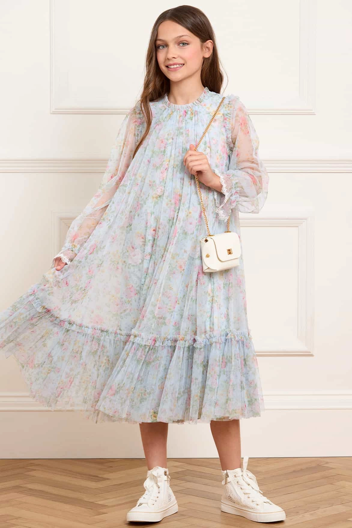 FourWay Stretch Fabric Pompadour Garden Long Sleeve Kids Dress