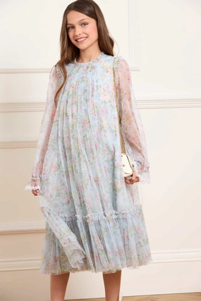 Printed T-shirt Resilient Elasticity Pompadour Garden Long Sleeve Kids Dress