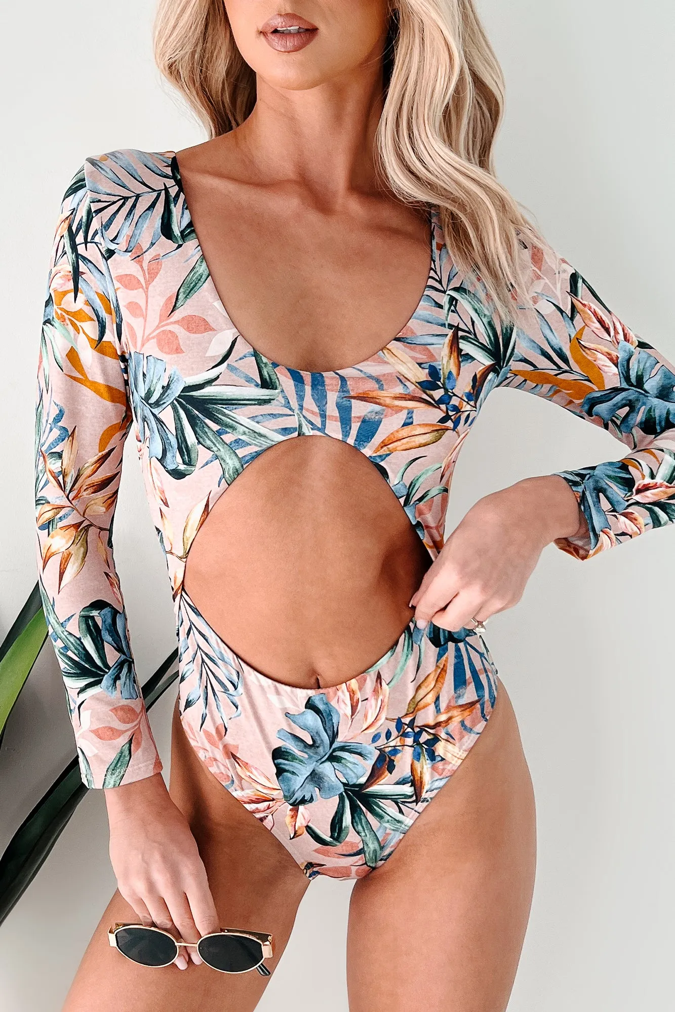 Bonded Seam Engineering Coastal Vibes Already Sailing Away Cut-Out Long Sleeve Swimsuit (Pink Combo)