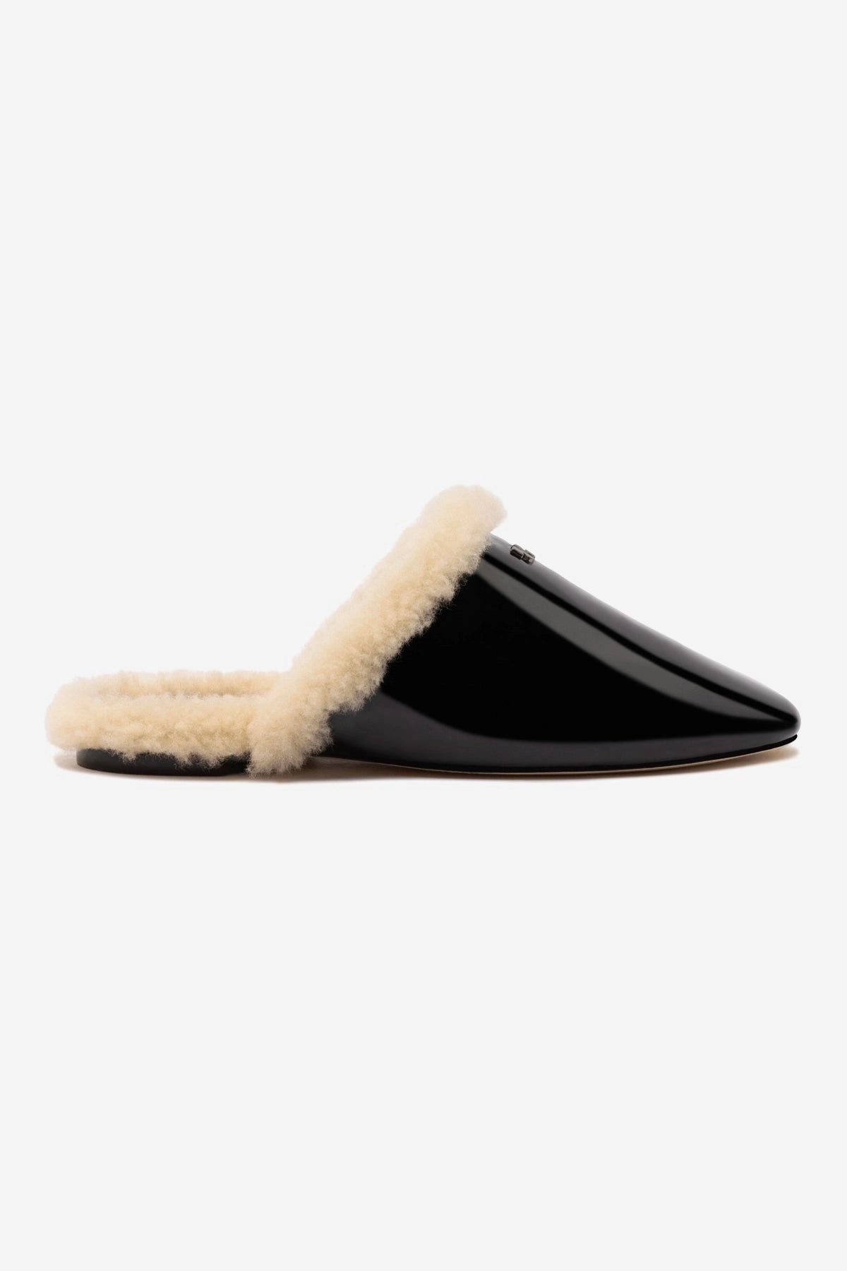 Venice Flat Mule In Black Patent Leather And Natural Shearling Galaxy Tone