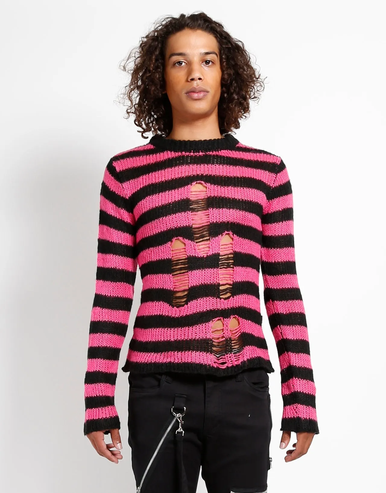RAG STRIPE SWEATER PINK Non Restrictive Armhole Cut