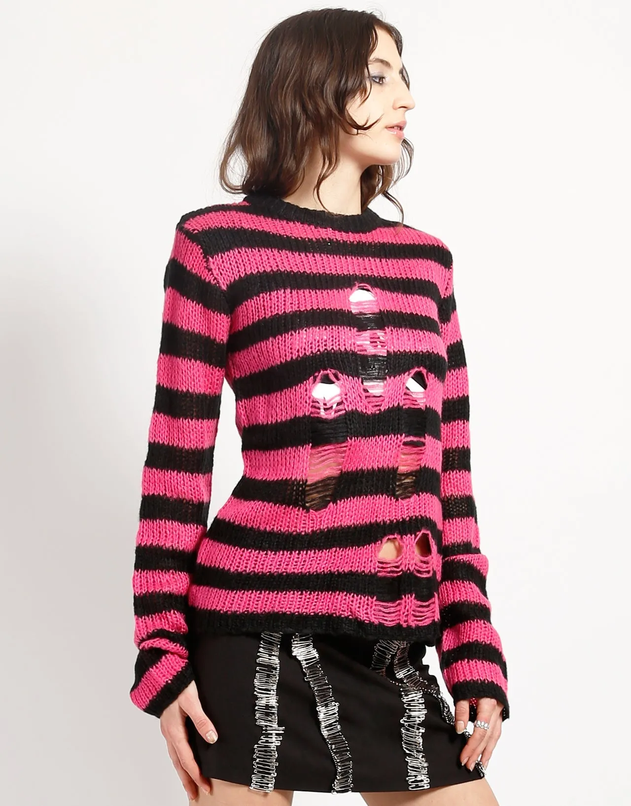 RAG STRIPE SWEATER PINK Contrast Stitch Eco Friendly Dye