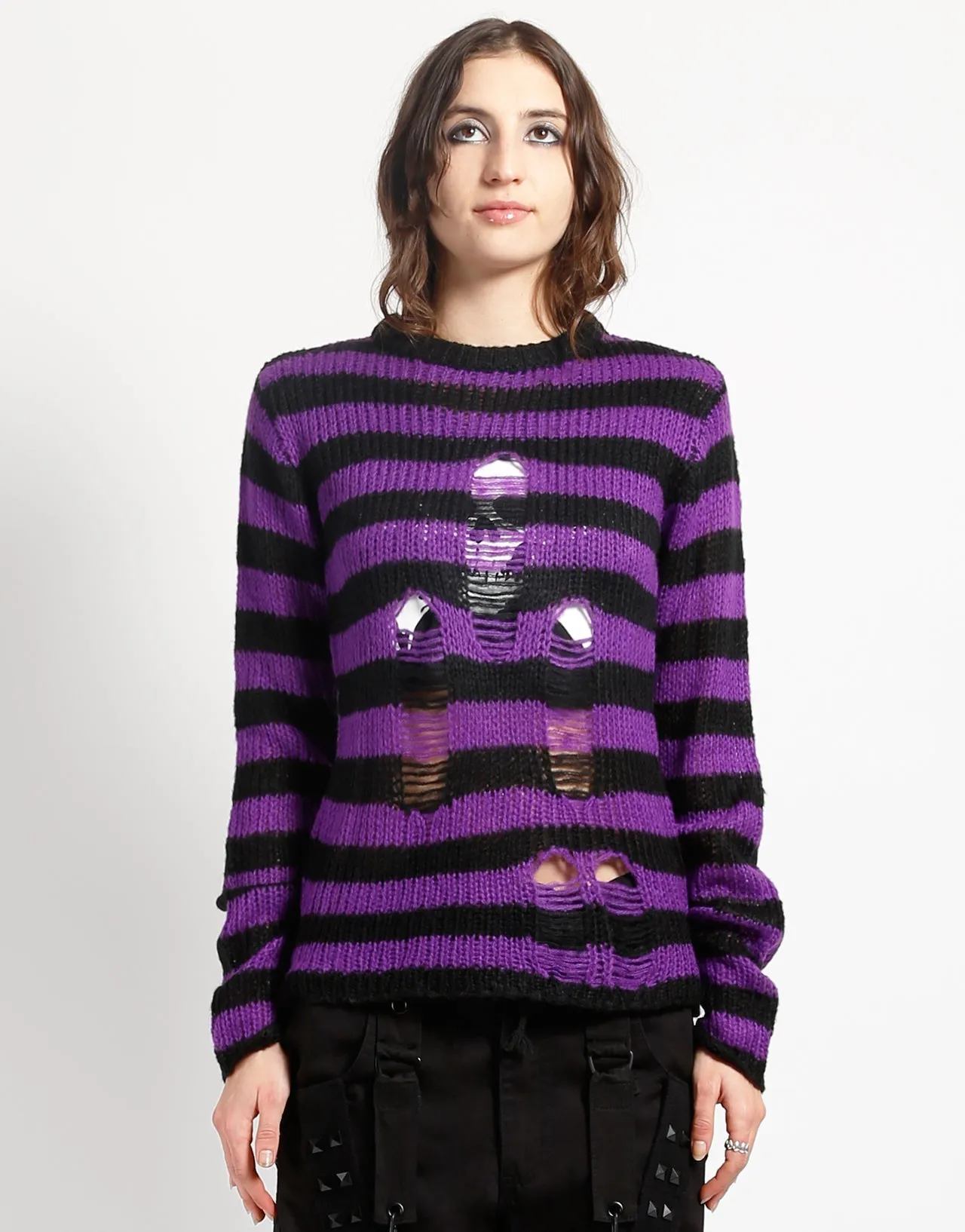 RAG STRIPE SWEATER PURPLE WrinkleFree Weave NonRestrictiveCut