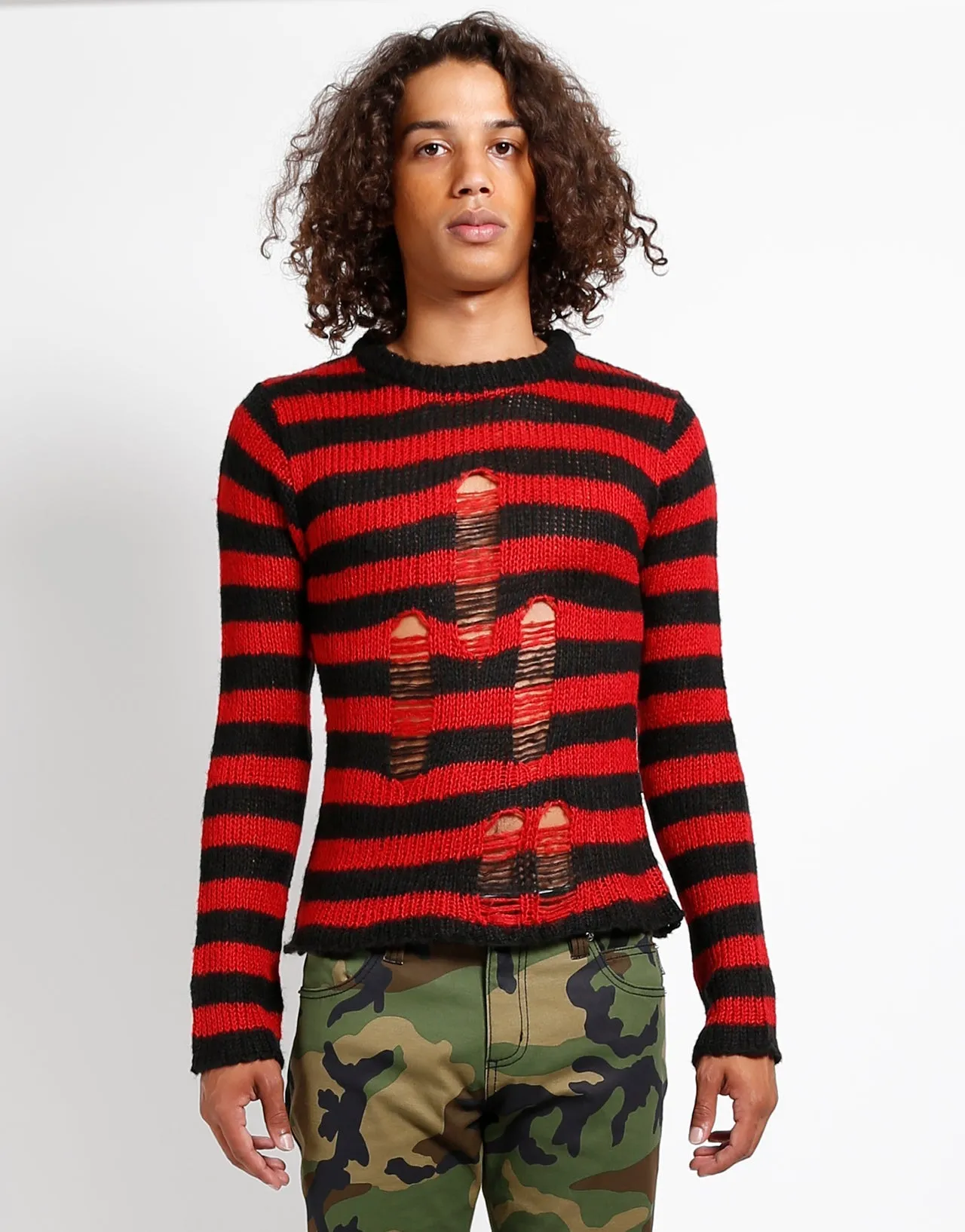 RAG STRIPE SWEATER RED Classic Style Raw Edge Finish