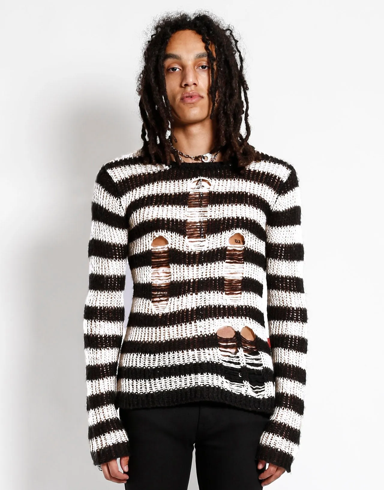 RAG STRIPE SWEATER WHITE RollUpCuff ReinforcedEdges