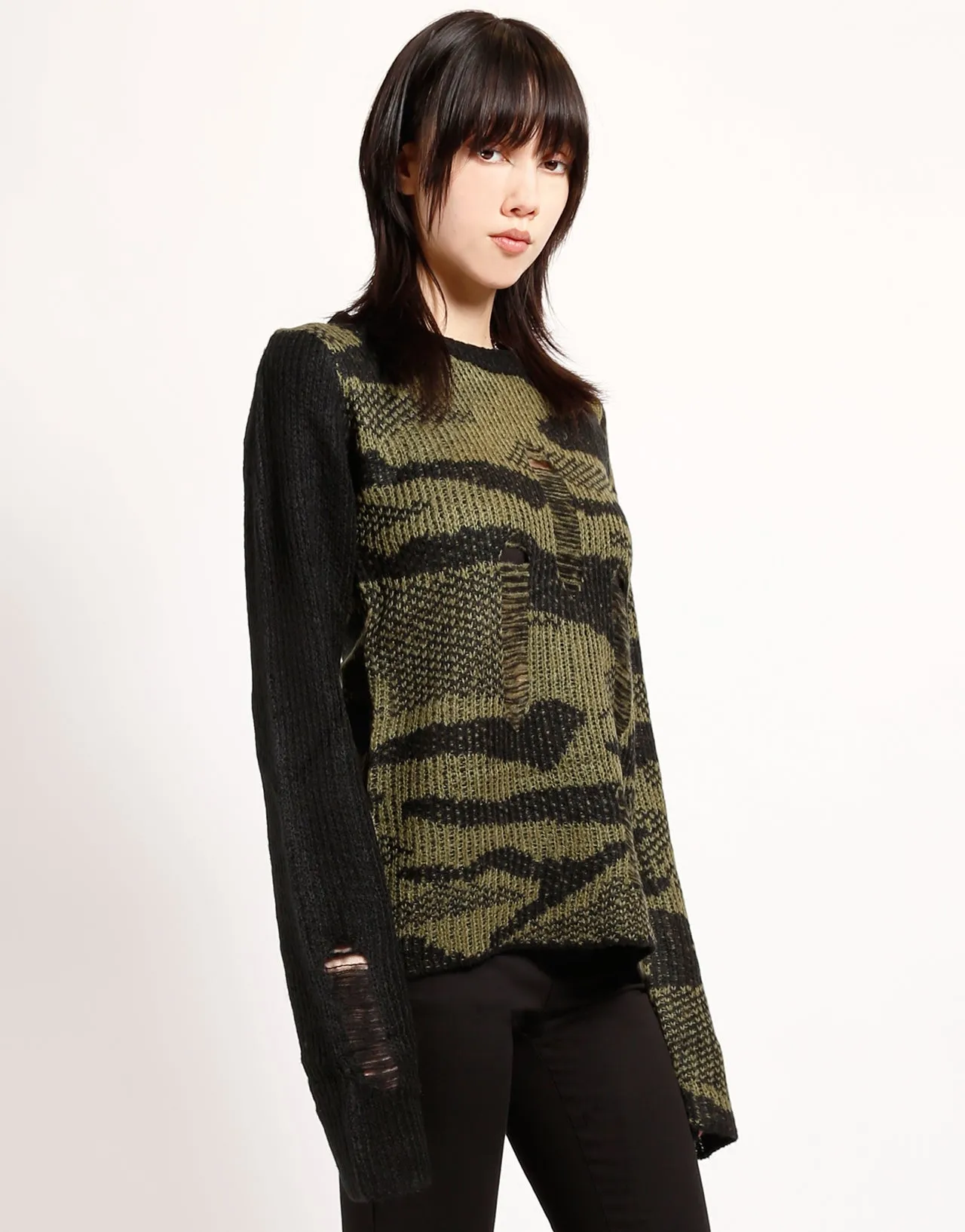 MultiFunctional Pocket Placement DualLayer Weave RAG SWEATER CAMO