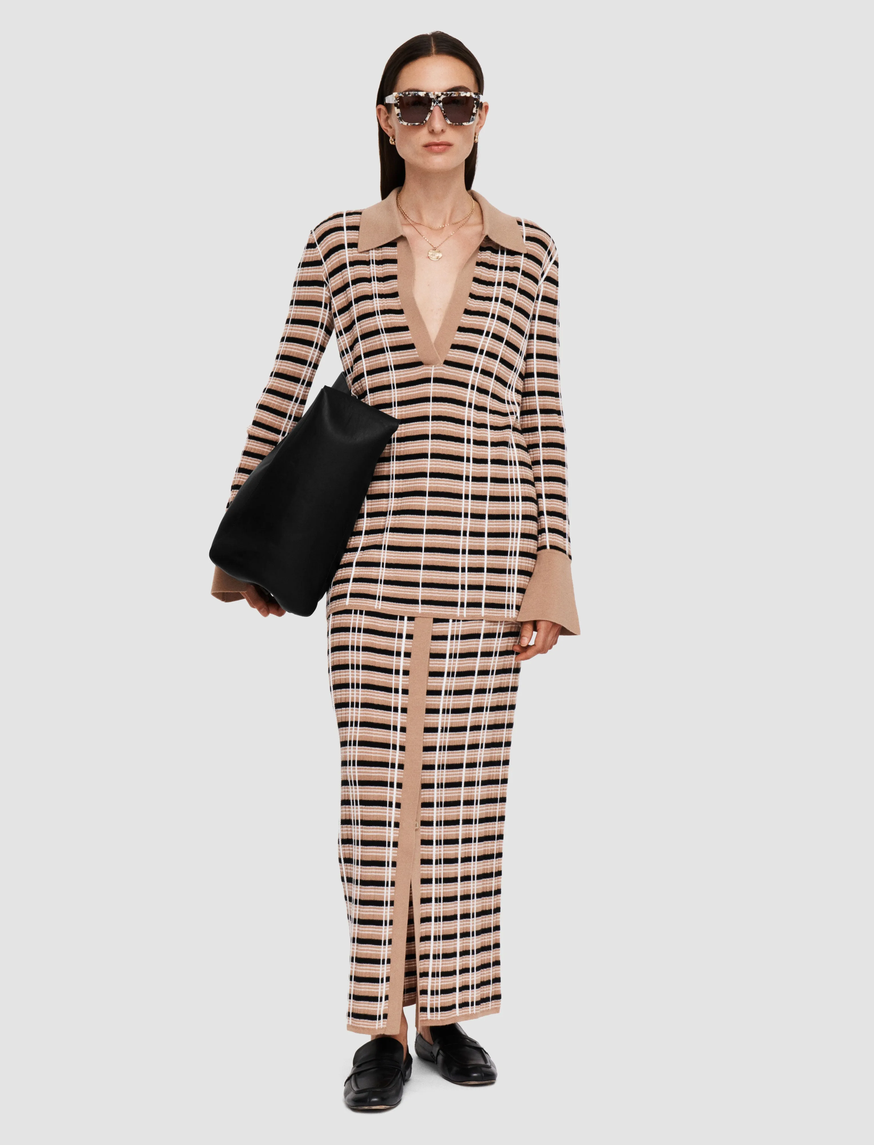 Check Wool Silk Polo Top FourWay Stretch Design