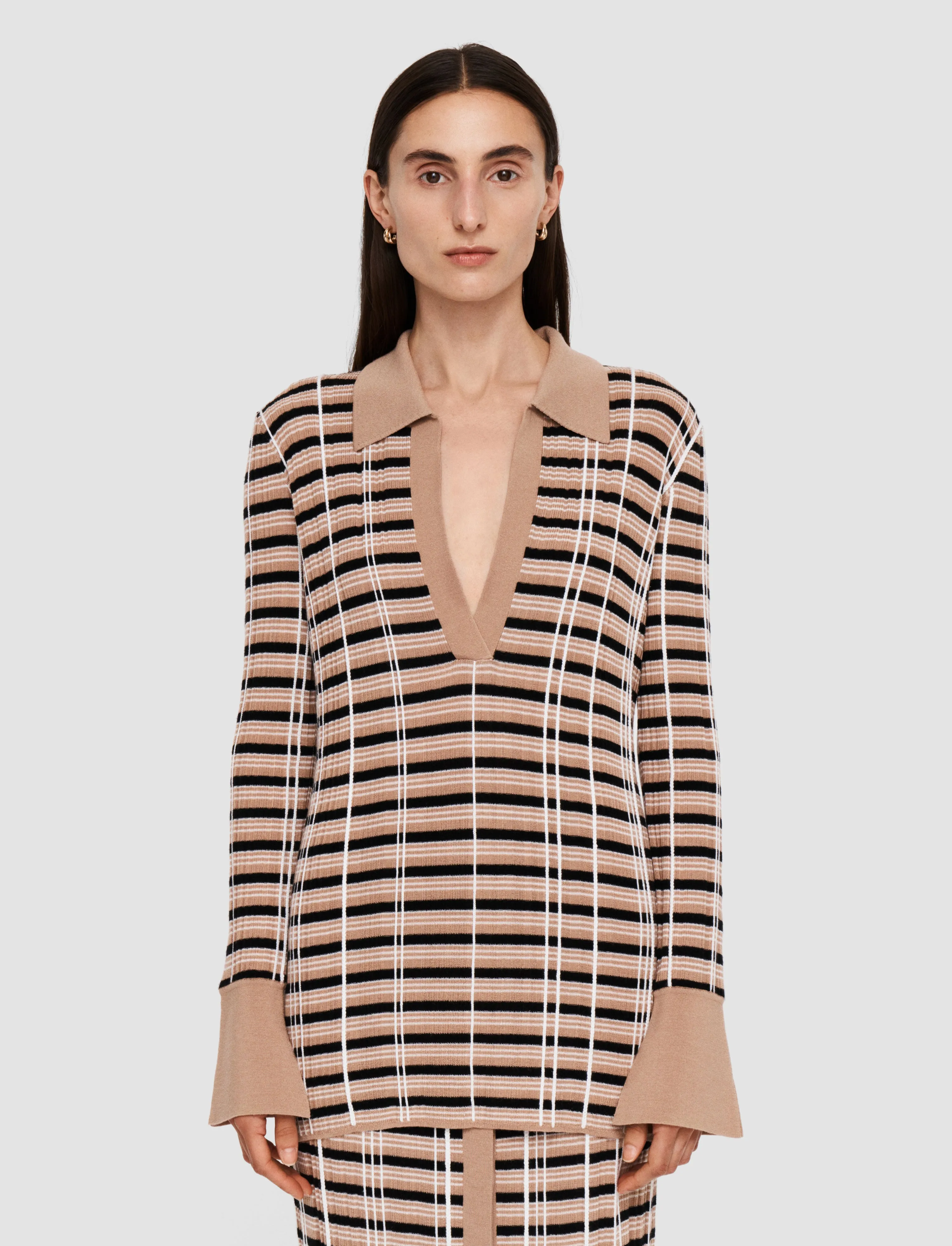 Check Wool Silk Polo Top Crisp Design