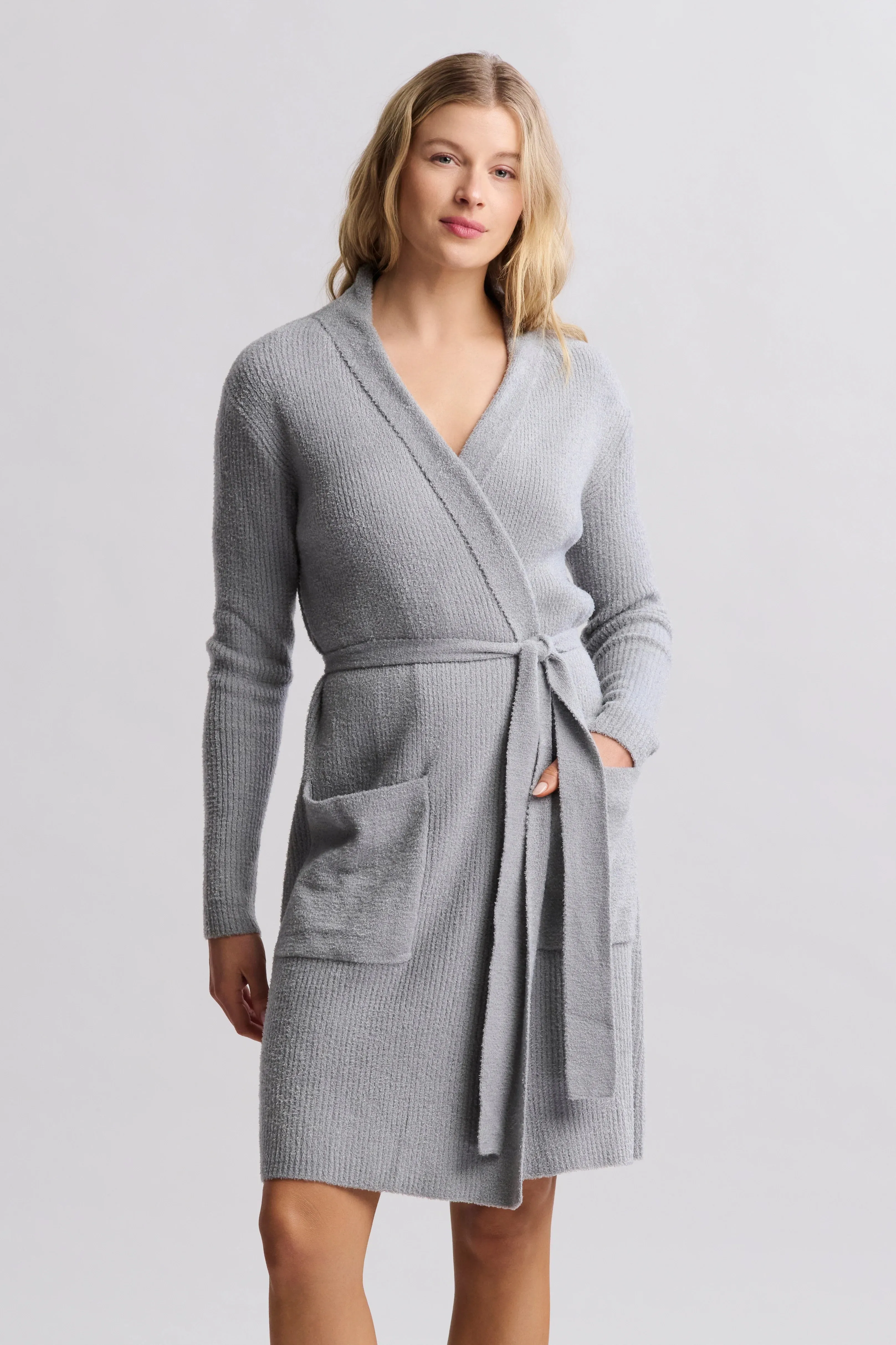 Recycled Polyester Friction Reducing Finish Barefoot Dreams CozyChic Ultra Lite Contrast Scallop Ribbed Robe in Moonbeam