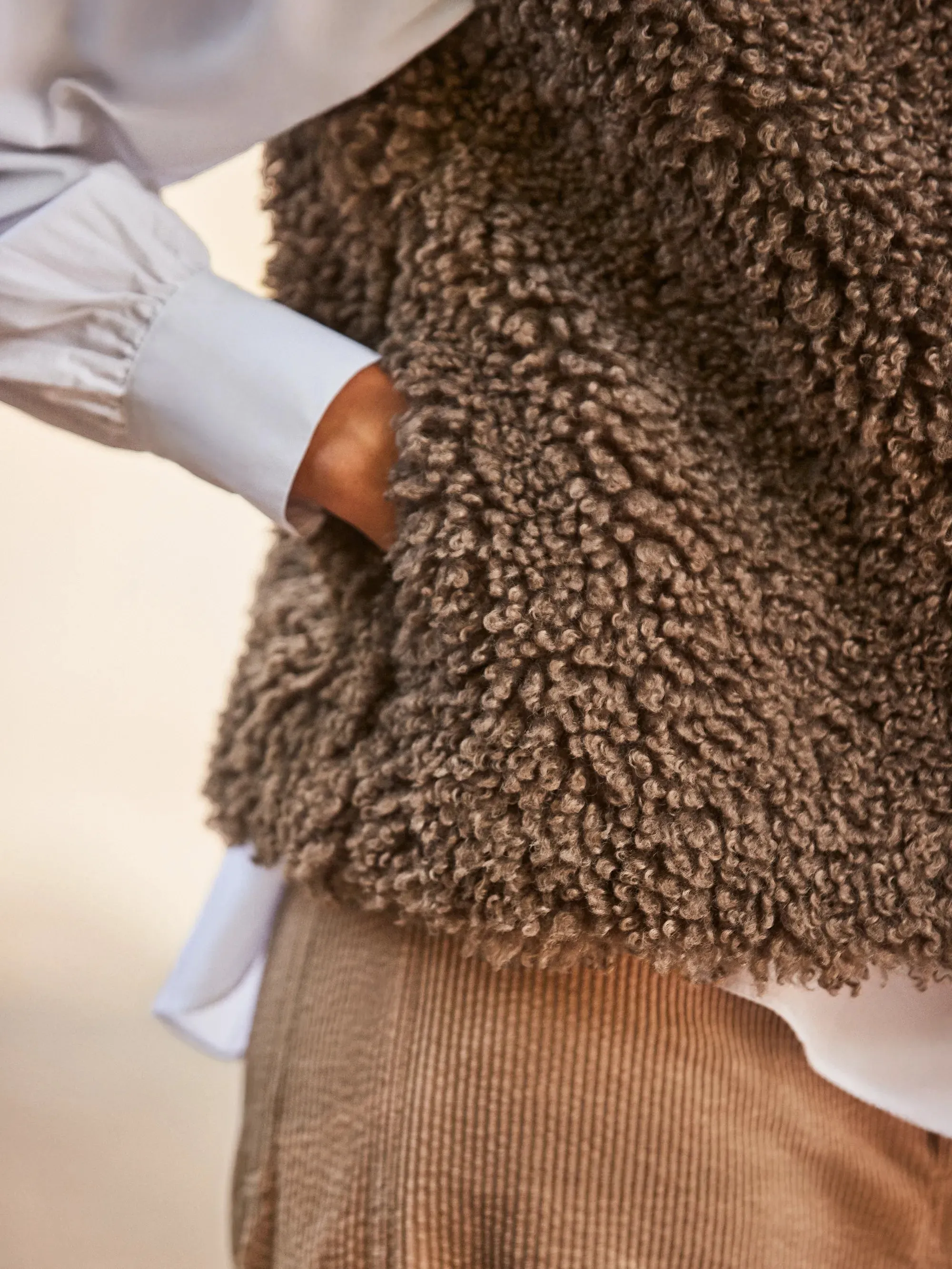 Brown Faux Shearling Gilet MicroPerforated Details Convertible Design