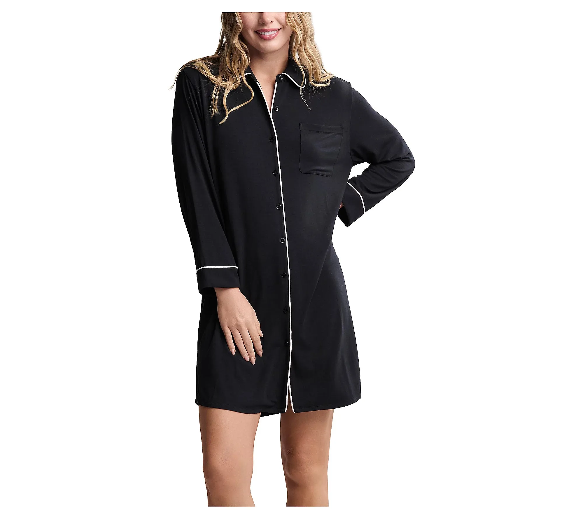 Barefoot Dreams Luxe Milk Jersey Sleep Shirt With Piping in Black EcoFriendlyBlend Breathable fabric