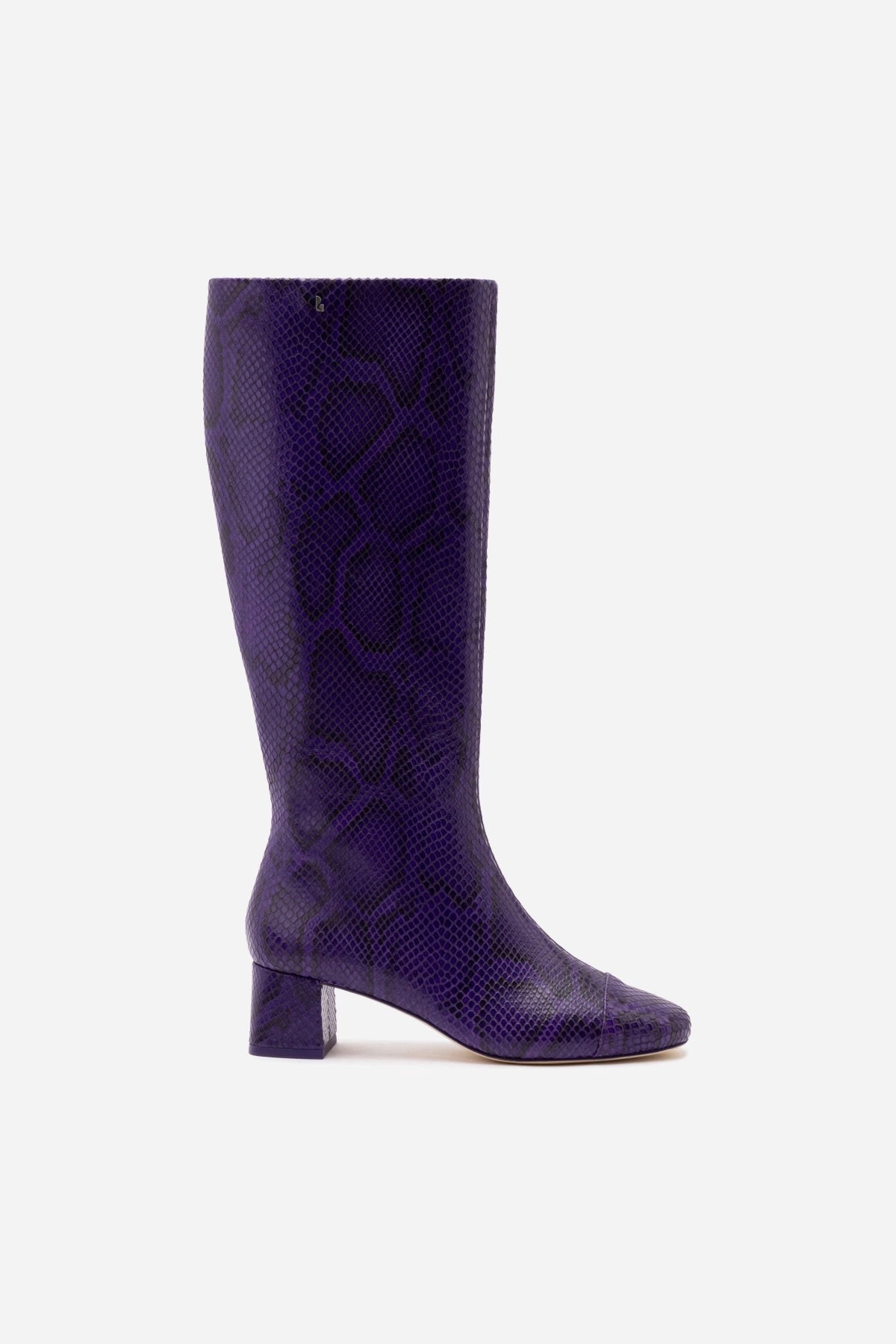 Contoured Arch Bridge Edie Boot In Eggplant Python Embossed Leather