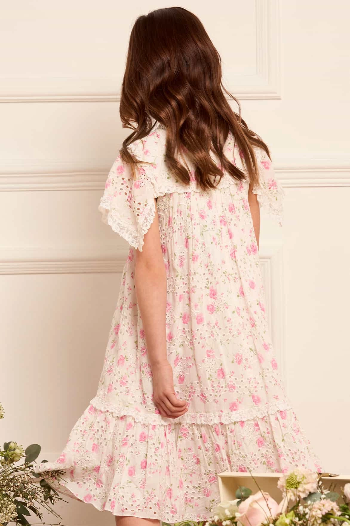 Layered Ventilation Zones Rose Ditsy Cotton Broderie Kids Dress